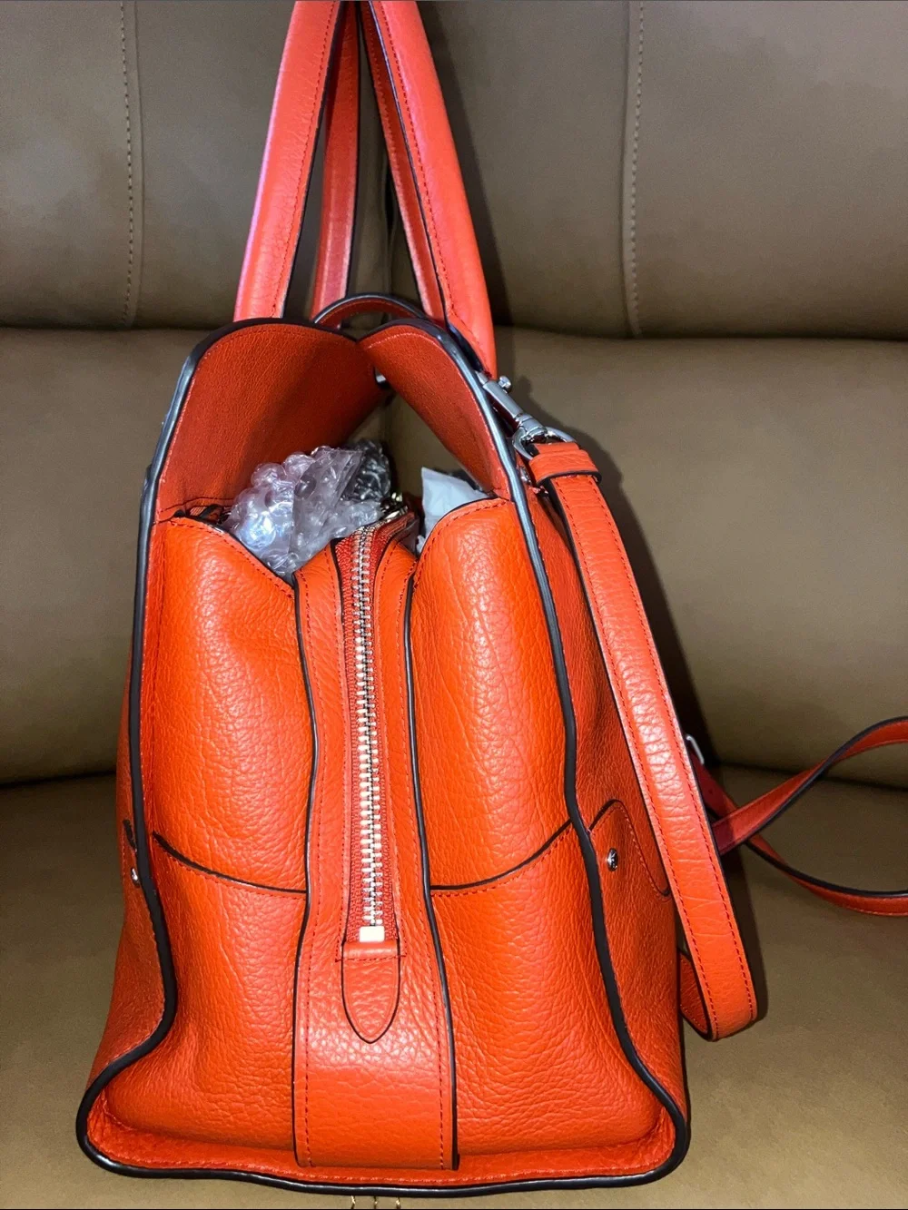 Coach Mercer Coral Red Pebbled Leather Satchel w/Crossbody Strap silver hardware